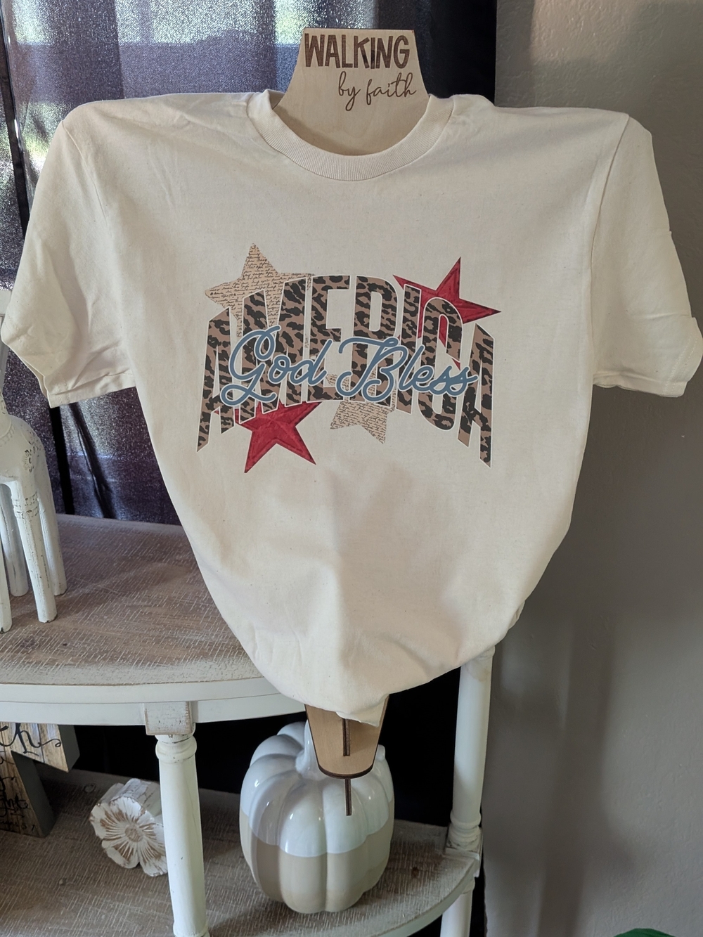 Gildan Cream "God Bless America" Graphic Tee with Red & Blue Stars